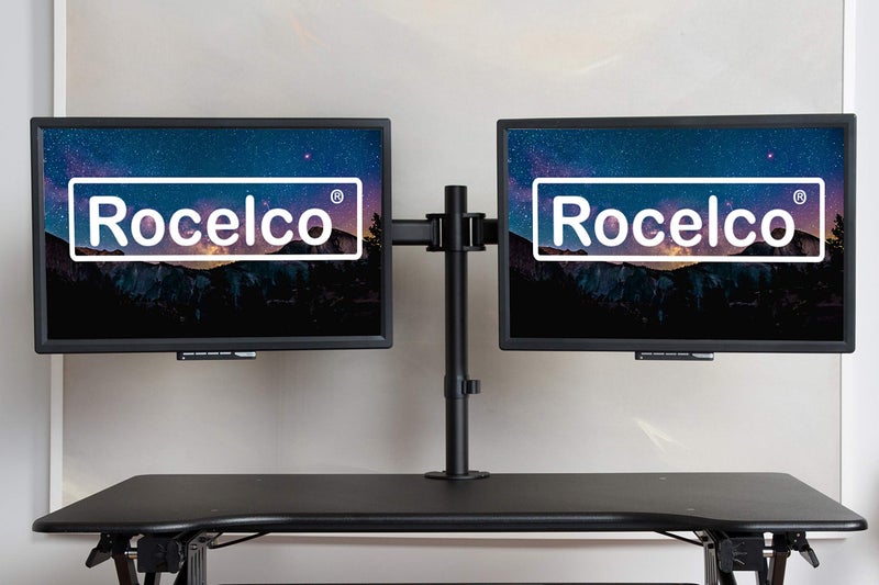 Rocelco Premium Desk Computer Monitor Mount - Standard Pattern Fits 13" - 27" LED LCD Dual Flat Screen - Double Articulated Full Motion Adjustable Arm - Grommet and C Clamp - Black (R DM2) - Image 2